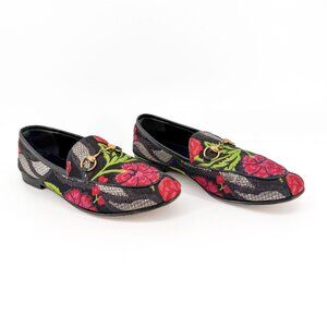 Gucci Jordaan Black Floral Brocade Horsebit Loafers Flats Size 37 US 7 Women's